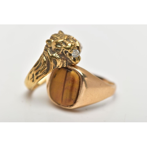 8 - TWO 9CT YELLOW GOLD GEM SET RINGS, to include a ring designed as a lion's head, with a colourless pa... 