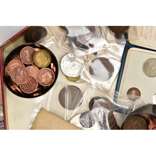 81 - TWO BISCUIT TINS CONTAINING SOME EARLY COPPER COINS, DIOCLETIAN ROMAN COINS, A SMALL PARCEL OF SILVE... 