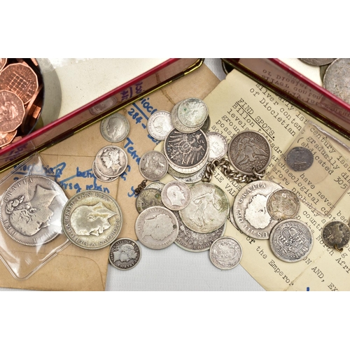 81 - TWO BISCUIT TINS CONTAINING SOME EARLY COPPER COINS, DIOCLETIAN ROMAN COINS, A SMALL PARCEL OF SILVE... 