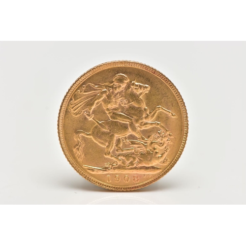 84 - A HIGH GRADE EDWARD VII 1908 FULL GOLD SOVEREIGN 22.05mm, Dia 7.988 grams, 916.6 fine