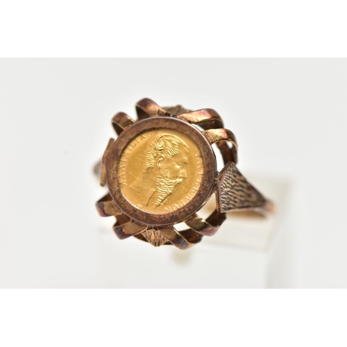 86 - A 9CT YELLOW GOLD COIN RING WITH MEXICAN COIN, the ring set with a Mexican Maximiliano coin, dated 1... 