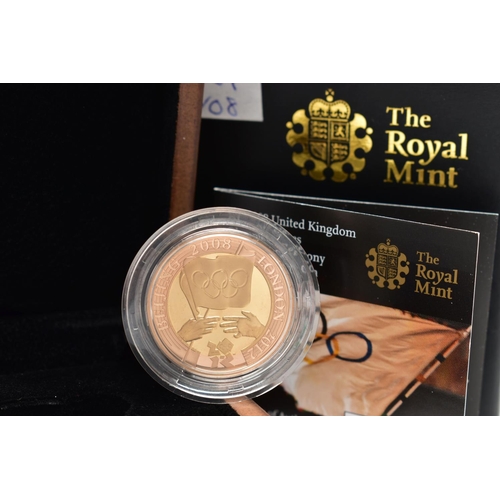 90 - A ROYAL MINT GOLD PROOF 2008 HANDOVER TO BEIJING OLYMPIC GAMES TWO POUND COIN, .9177 red and Yellow ... 