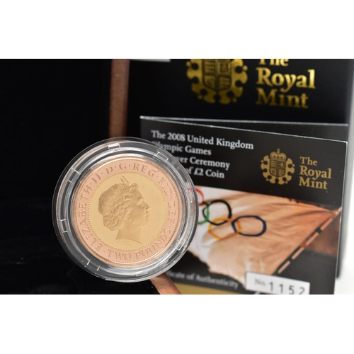 90 - A ROYAL MINT GOLD PROOF 2008 HANDOVER TO BEIJING OLYMPIC GAMES TWO POUND COIN, .9177 red and Yellow ... 