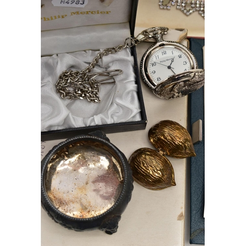 95 - A BOX OF ASSORTED ITEMS, to include a 'Philip Mercier' cased pocket watch, a Prince Wales & Lady Dia... 