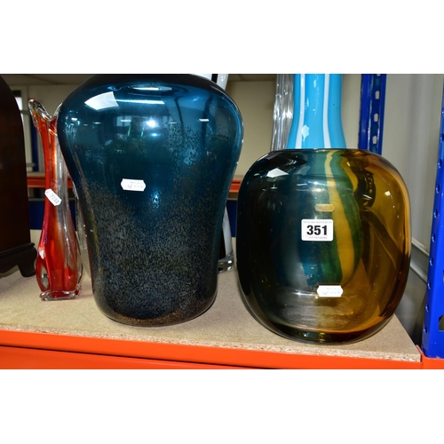 351 - A GROUP OF EIGHT LARGE COLOURED GLASS ORNAMENTS, comprising a turquoise speckled vase, height 28cm, ... 