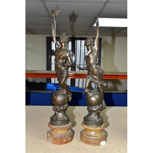 355 - A PAIR OF FRENCH SPELTER FIGURES, possibly Le Jour and La Nuit on turned wooden bases (2) (Condition... 