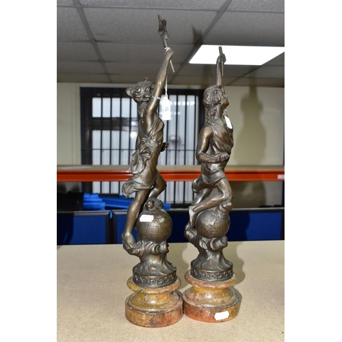 355 - A PAIR OF FRENCH SPELTER FIGURES, possibly Le Jour and La Nuit on turned wooden bases (2) (Condition... 