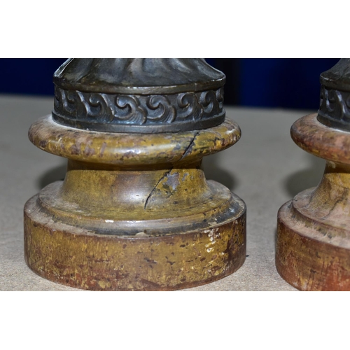 355 - A PAIR OF FRENCH SPELTER FIGURES, possibly Le Jour and La Nuit on turned wooden bases (2) (Condition... 