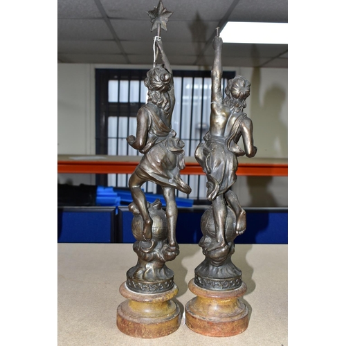 355 - A PAIR OF FRENCH SPELTER FIGURES, possibly Le Jour and La Nuit on turned wooden bases (2) (Condition... 