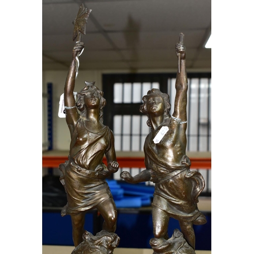 355 - A PAIR OF FRENCH SPELTER FIGURES, possibly Le Jour and La Nuit on turned wooden bases (2) (Condition... 