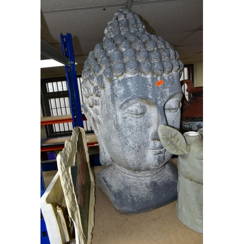 356 - A GROUP OF SEVEN LARGE ORNAMENTS, comprising a very large Thai Buddha head, height 65cm, two plaster... 