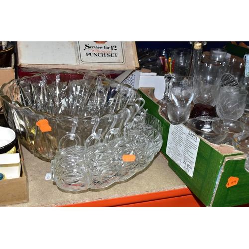 362 - FIVE BOXES OF GLASSWARE AND CERAMICS, to include two Denby Bakewell storage jars, an Edwardian Leice... 