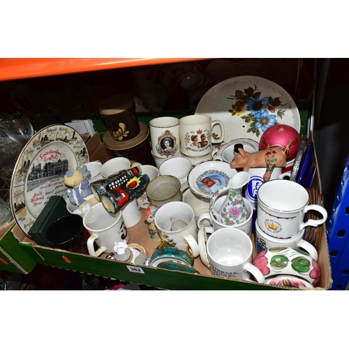 362 - FIVE BOXES OF GLASSWARE AND CERAMICS, to include two Denby Bakewell storage jars, an Edwardian Leice... 