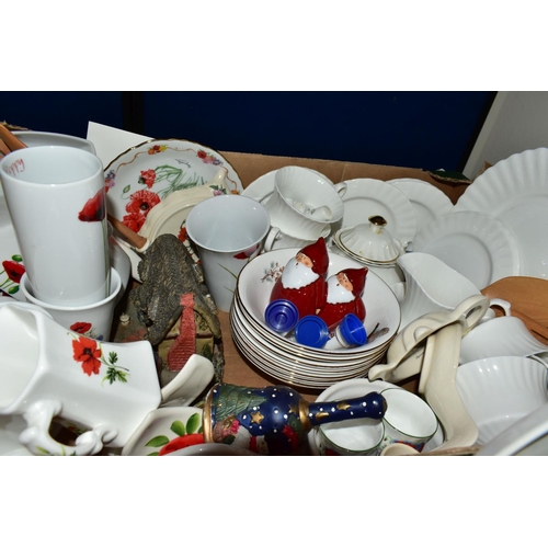 362 - FIVE BOXES OF GLASSWARE AND CERAMICS, to include two Denby Bakewell storage jars, an Edwardian Leice... 