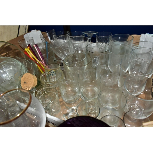 362 - FIVE BOXES OF GLASSWARE AND CERAMICS, to include two Denby Bakewell storage jars, an Edwardian Leice... 