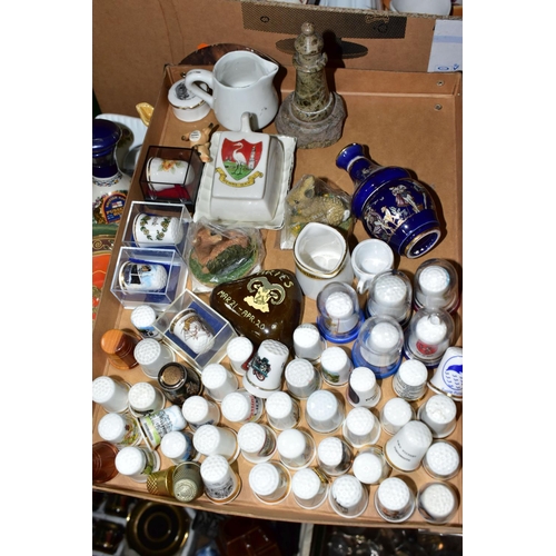 363 - FOUR BOXES OF CERAMICS, to include a collection of thimbles, a desktop Esco marble compass, a miniat... 