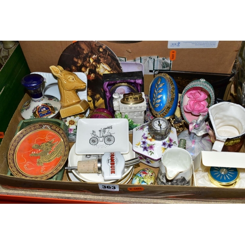 363 - FOUR BOXES OF CERAMICS, to include a collection of thimbles, a desktop Esco marble compass, a miniat... 