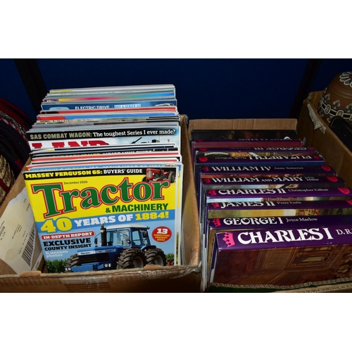 366 - THREE BOXES OF METALWARE, BOOKS AND MAGAZINES, to include a large wooden hand carved printing block ... 