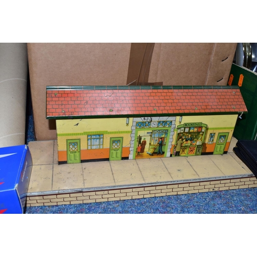 373 - FIVE BOXES OF ASSORTED HOUSEHOLD SUNDRIES, to include a Hornby No.3 tin Train Station, cutlery, a bo... 