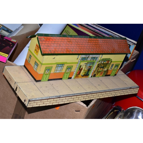 373 - FIVE BOXES OF ASSORTED HOUSEHOLD SUNDRIES, to include a Hornby No.3 tin Train Station, cutlery, a bo... 