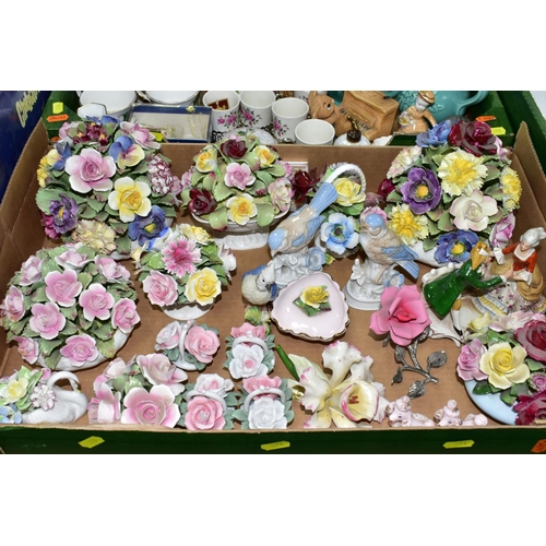 374 - THREE BOXES OF CHINA FLOWERS, AND ASSORTED CERAMICS, to include five Fred the Homepride Flour Men fl... 