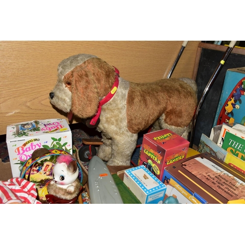 376 - TWO BOXES OF GAMES, TOYS AND GAMES TABLE, to include a pedestal games table with chess, playing card... 