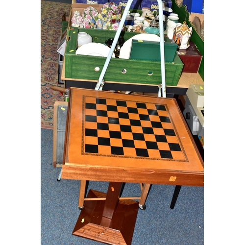 376 - TWO BOXES OF GAMES, TOYS AND GAMES TABLE, to include a pedestal games table with chess, playing card... 