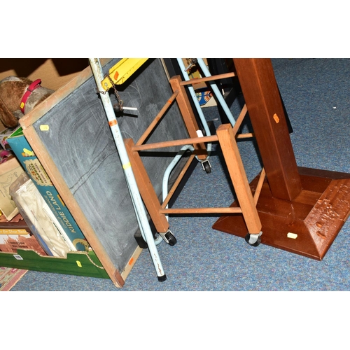 376 - TWO BOXES OF GAMES, TOYS AND GAMES TABLE, to include a pedestal games table with chess, playing card... 