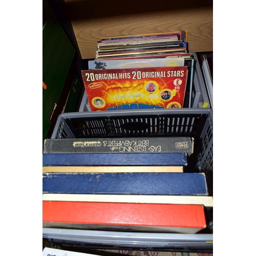 377 - FIVE BOXES OF L.P RECORDS, BOOKS AND VINTAGE STUDIO POTTERY, to include eight volumes of Reader's Di... 