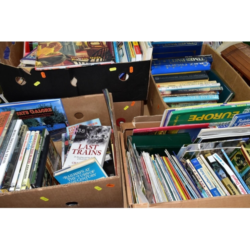 381 - FIVE BOXES OF ASSORTED BOOKS AND MAPS, approx. sixty books including railways, steam trains, Times P... 