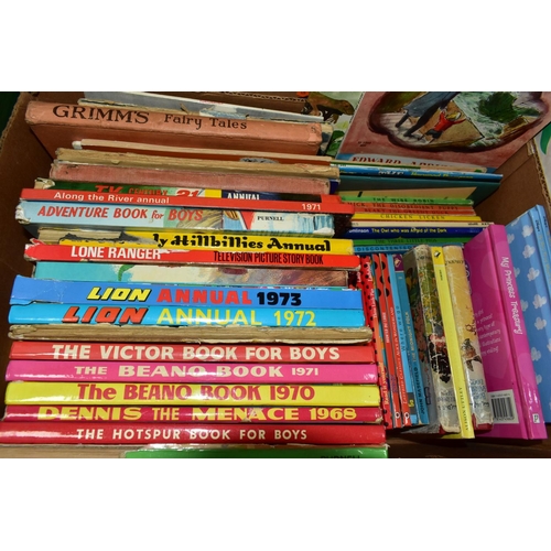 383 - FOUR BOXES OF BOOKS, to include children's 1970's annuals, Bizzy Lizzy, Bimbo, Teddy Bear, Twinkle, ... 