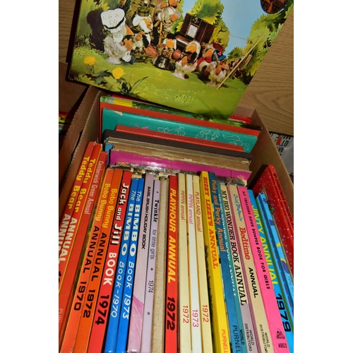 383 - FOUR BOXES OF BOOKS, to include children's 1970's annuals, Bizzy Lizzy, Bimbo, Teddy Bear, Twinkle, ... 