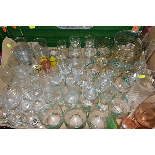 384 - THREE BOXES OF CUT GLASS, PRESSED GLASS AND THREE BOXED SETS OF CUT CRYSTAL DRINKING GLASSES, to inc... 