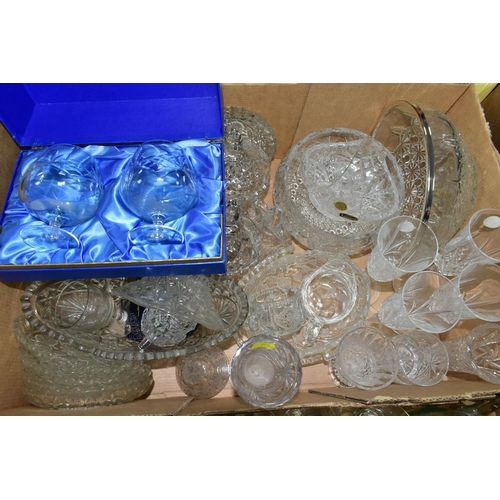 384 - THREE BOXES OF CUT GLASS, PRESSED GLASS AND THREE BOXED SETS OF CUT CRYSTAL DRINKING GLASSES, to inc... 