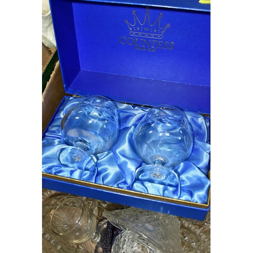 384 - THREE BOXES OF CUT GLASS, PRESSED GLASS AND THREE BOXED SETS OF CUT CRYSTAL DRINKING GLASSES, to inc... 