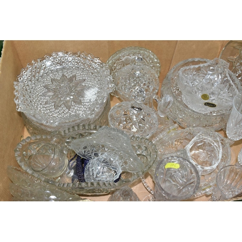 384 - THREE BOXES OF CUT GLASS, PRESSED GLASS AND THREE BOXED SETS OF CUT CRYSTAL DRINKING GLASSES, to inc... 