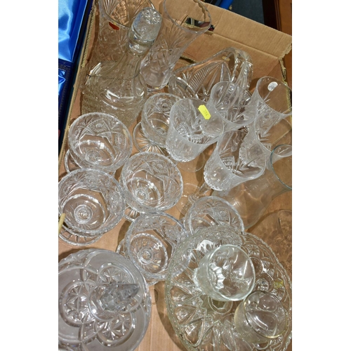 384 - THREE BOXES OF CUT GLASS, PRESSED GLASS AND THREE BOXED SETS OF CUT CRYSTAL DRINKING GLASSES, to inc... 