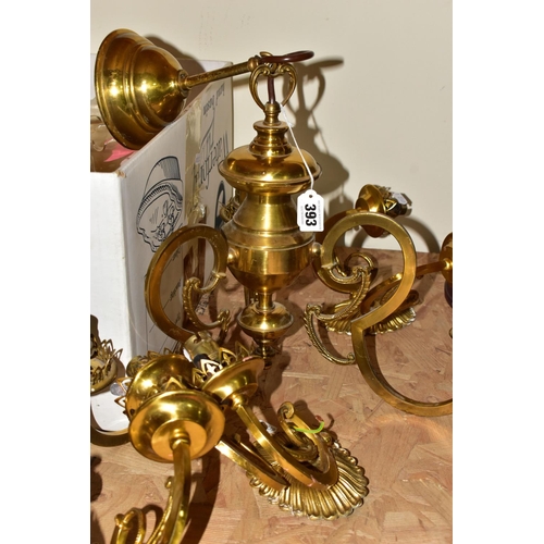 393 - TWO 20TH CENTURY BRASS THREE BRANCHED CHANDELIERS WITH SIX TWIN BRANCHED WALL LIGHTS, together with ... 