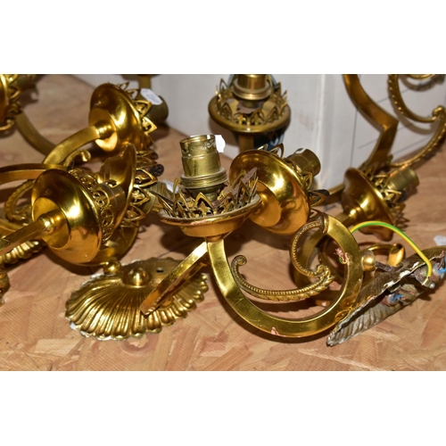 393 - TWO 20TH CENTURY BRASS THREE BRANCHED CHANDELIERS WITH SIX TWIN BRANCHED WALL LIGHTS, together with ... 