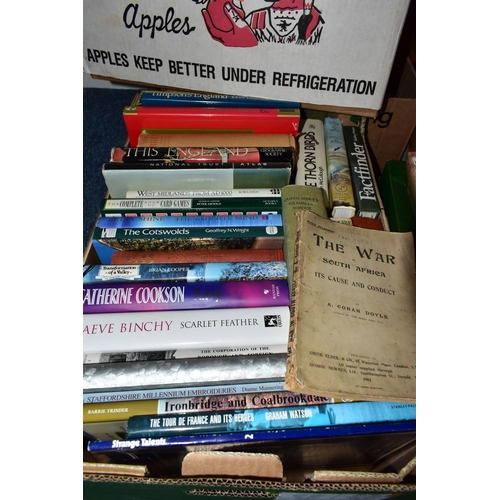 394 - SIX BOXES OF ASSORTED BOOKS, to include a 1902 paper back by Conan Doyle 'The War in South Africa', ... 