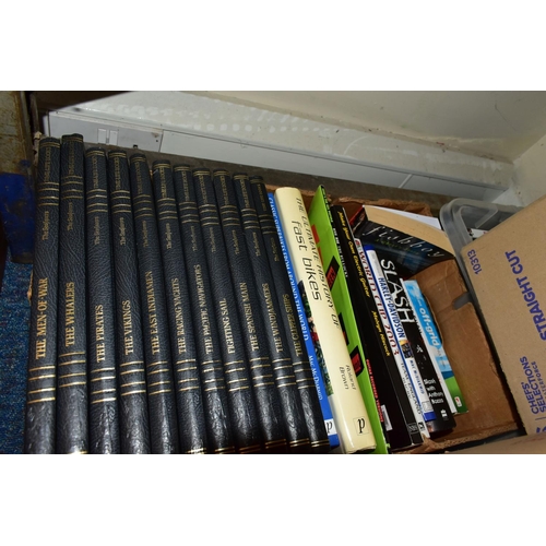 395 - SEVEN BOXES OF LP RECORDS, DVDS, BOOKS AND KERRANG MAGAZINES, to include a limited edition three tra... 