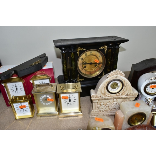 402 - A QUANTITY OF CLOCKS, comprising a Ron Coles native Australian Red Burl wood mantel clock, a wooden ... 