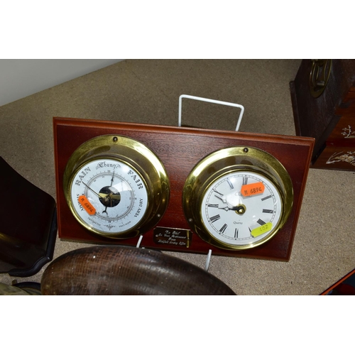 402 - A QUANTITY OF CLOCKS, comprising a Ron Coles native Australian Red Burl wood mantel clock, a wooden ... 