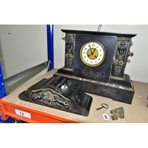 409 - A LARGE VICTORIAN BLACK SLATE AND MARBLE MANTEL CLOCK IN NEED OF SOME ATTENTION, the shaped case the... 