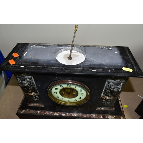 409 - A LARGE VICTORIAN BLACK SLATE AND MARBLE MANTEL CLOCK IN NEED OF SOME ATTENTION, the shaped case the... 