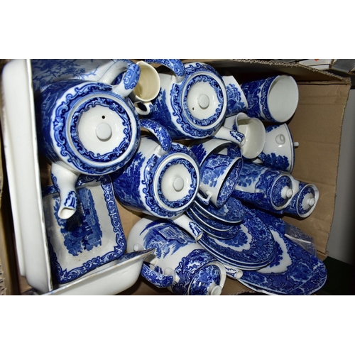 414 - THREE BOXES OF BLUE AND WHITE CERAMICS, to include eighteen pieces of George Jones & Sons 'Abbey 179... 