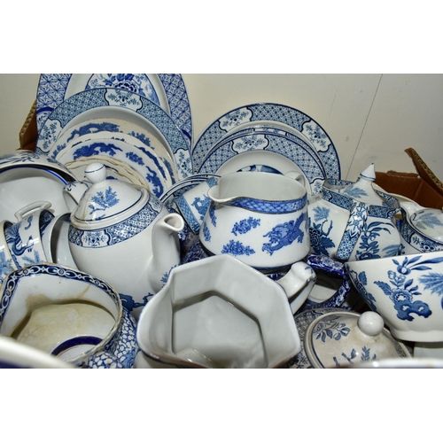 414 - THREE BOXES OF BLUE AND WHITE CERAMICS, to include eighteen pieces of George Jones & Sons 'Abbey 179... 