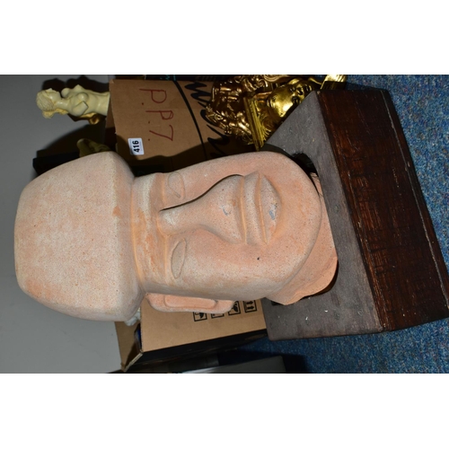 416 - TWO BOXES AND LOOSE SCULPTURES, to include a large terracotta Easter Island style bust height 43cm, ... 