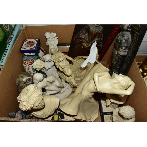 416 - TWO BOXES AND LOOSE SCULPTURES, to include a large terracotta Easter Island style bust height 43cm, ... 