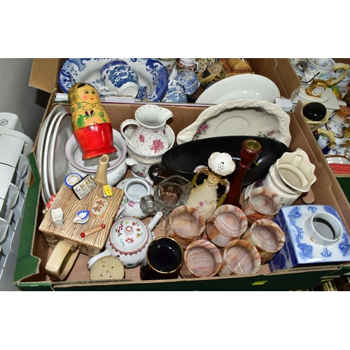 425 - THREE BOXES OF ASSORTED CERAMICS ETC, to include novelty teapots including a Tony Wood two sided Tob... 